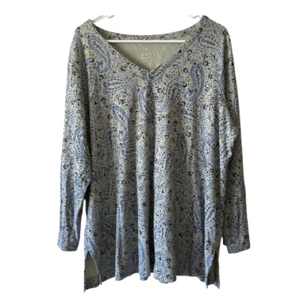 J Jill Simply Supima Cotton Paisley V Neck Tunic Women XL Long Sleeve Side Slit